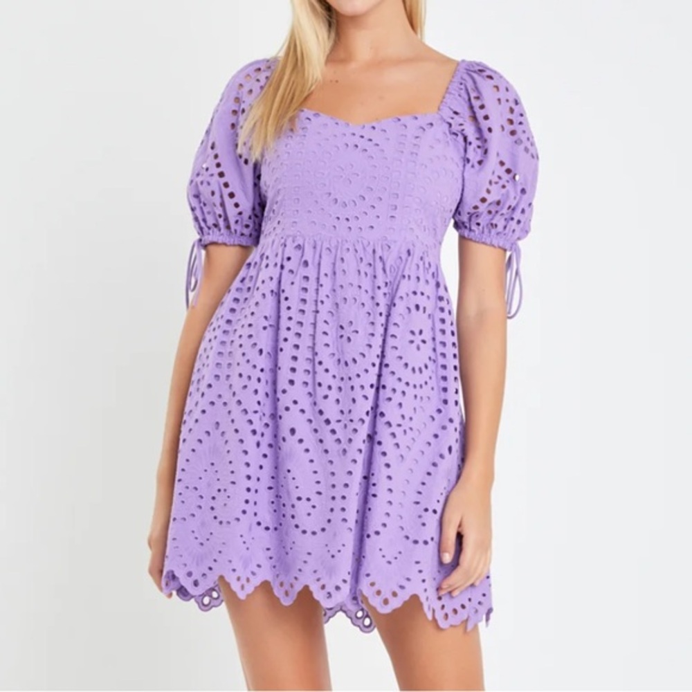 English Factory Eyelet Scallop Edge Puff Sleeve Purple Mini Dress‎
